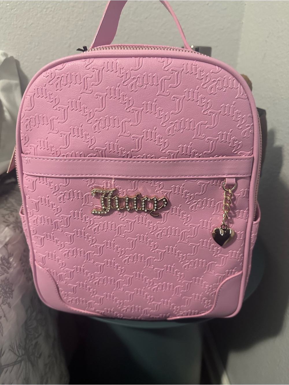 Juicy Couture Pink Embossed Mini Backpack with Heart Charm